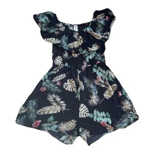 Lilian Tropical Floral Off Shoulder Ruffle Romper Black Green Pink LP7964 0X